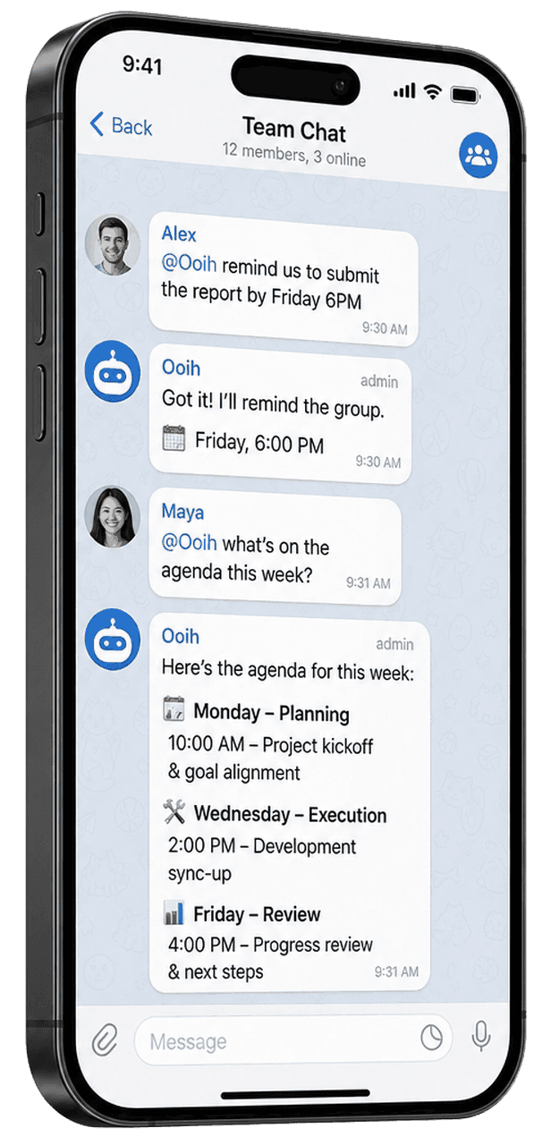 ИИ-помощник Ooih отвечает в групповом Telegram-чате